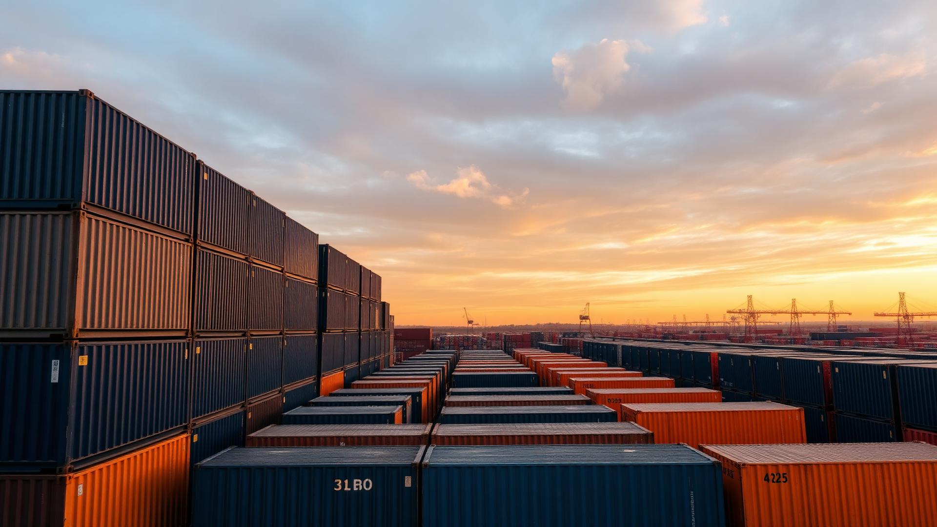 Shipping container yard at sunset